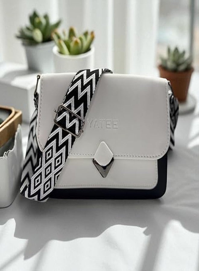 YATEE Stylish Crossbody Sling Bag for women & Girls - Premium PU Leather Shoulder Purse with Adjustable Strap, Black & White Geometric Design, Casual shoulder Bag for Office, Travel & Daily Use. - Image 3